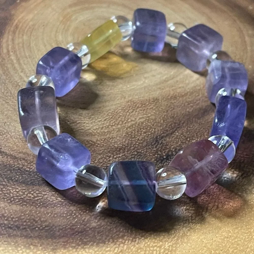 Fluorite bracelet striped layers rainbow colors cube stretch 10mm 7.5” natural c